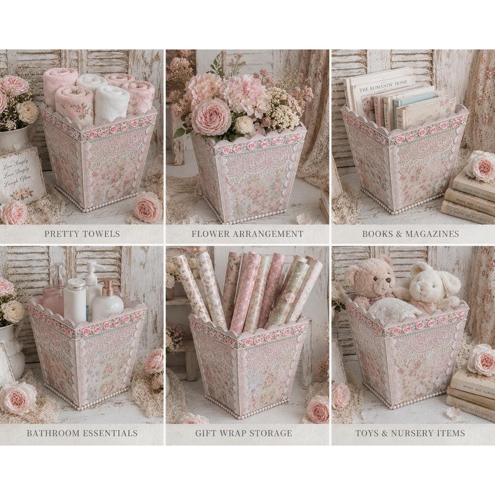 Rachel Ashwell Inspired Shabby Chic Rose Cottagecore Pink Patchwork Wastebasket - Picture 11 of 13